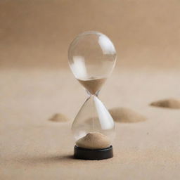 A close-up shot of a 2-minute sand timer with half the sand in the upper bulb and the rest fallen in the lower bulb, indicating that the time is halfway through