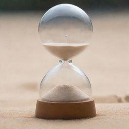 A close-up shot of a 2-minute sand timer with half the sand in the upper bulb and the rest fallen in the lower bulb, indicating that the time is halfway through