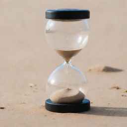 A close-up shot of a 2-minute sand timer with half the sand in the upper bulb and the rest fallen in the lower bulb, indicating that the time is halfway through