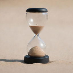 A close-up shot of a 2-minute sand timer with half the sand in the upper bulb and the rest fallen in the lower bulb, indicating that the time is halfway through