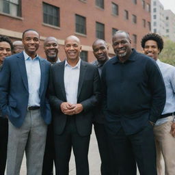 A group of black men, diverse in age and occupations, gather together in a moment of unity and camaraderie, set against an urban backdrop.