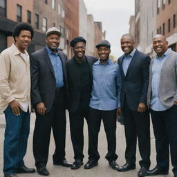 A group of black men, diverse in age and occupations, gather together in a moment of unity and camaraderie, set against an urban backdrop.