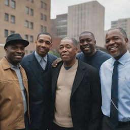 A group of black men, diverse in age and occupations, gather together in a moment of unity and camaraderie, set against an urban backdrop.