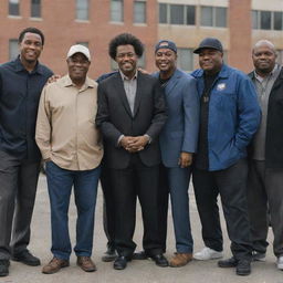 A group of black men, diverse in age and occupations, gather together in a moment of unity and camaraderie, set against an urban backdrop.