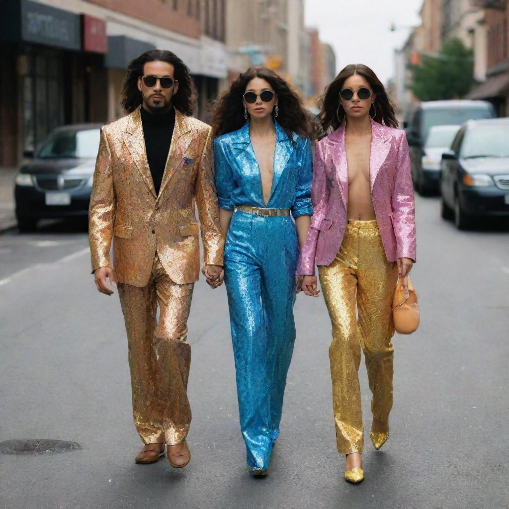 Individuals with water zodiac signs, styled in disco mafia fashion, during a day on streets devoid of cars