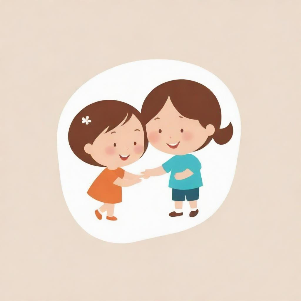 Generate a logo featuring a small girl and a small boy interacting playfully together, conveying innocence and friendliness.