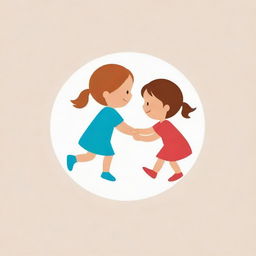 Generate a logo featuring a small girl and a small boy interacting playfully together, conveying innocence and friendliness.