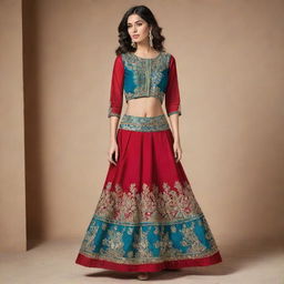 A flowing red skirt adorned with intricate teal and golden embroidery