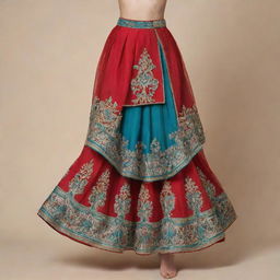 A flowing red skirt adorned with intricate teal and golden embroidery