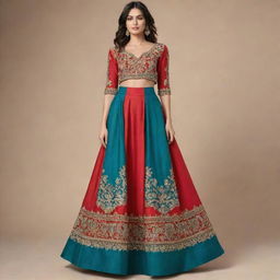 A flowing red skirt adorned with intricate teal and golden embroidery