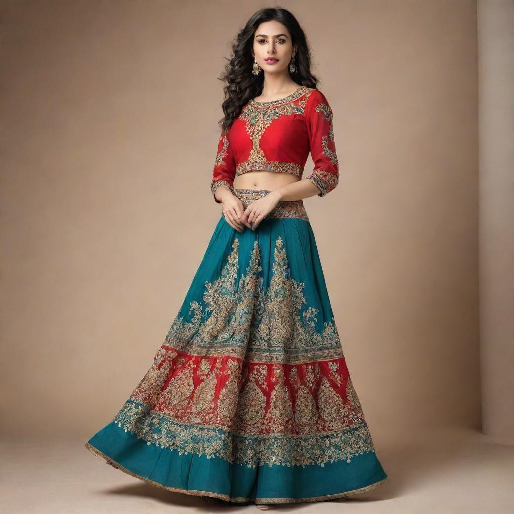 A flowing red skirt adorned with intricate teal and golden embroidery