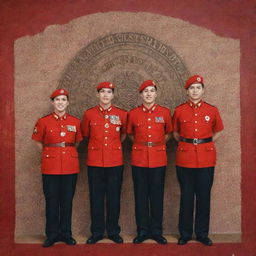 Three individuals in red beret and Polsuspas uniform, holding weapons, standing in front of a shield with batik motifs, and a text reading '2 years of dedication to Responsibility'.