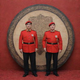 Three individuals in red beret and Polsuspas uniform, holding weapons, standing in front of a shield with batik motifs, and a text reading '2 years of dedication to Responsibility'.