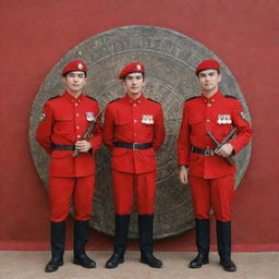 Three individuals in red beret and Polsuspas uniform, holding weapons, standing in front of a shield with batik motifs, and a text reading '2 years of dedication to Responsibility'.