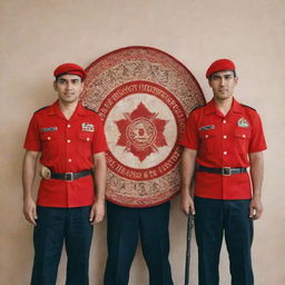 Three individuals in red beret and Polsuspas uniform, holding weapons, standing in front of a shield with batik motifs, and a text reading '2 years of dedication to Responsibility'.