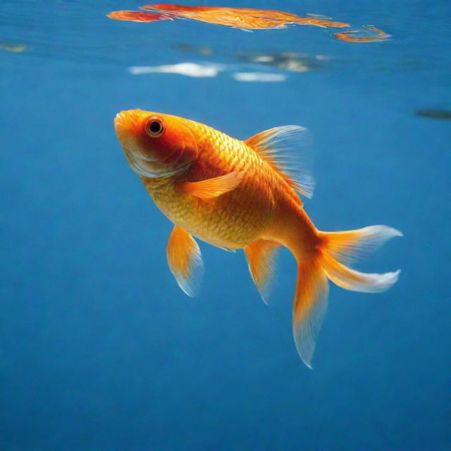 A solitary goldfish swimming gracefully in crystal-clear water, brilliantly illuminated by radiant light from above.