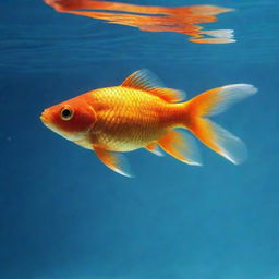 A solitary goldfish swimming gracefully in crystal-clear water, brilliantly illuminated by radiant light from above.