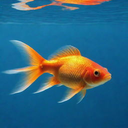 A solitary goldfish swimming gracefully in crystal-clear water, brilliantly illuminated by radiant light from above.