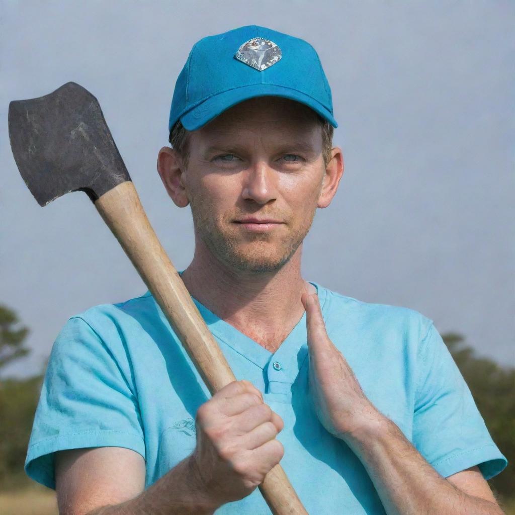 A man with bright white eyes, wearing a cyan shirt, dark blue pants, holding a diamond axe.