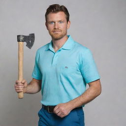 A man with bright white eyes, wearing a cyan shirt, dark blue pants, holding a diamond axe.