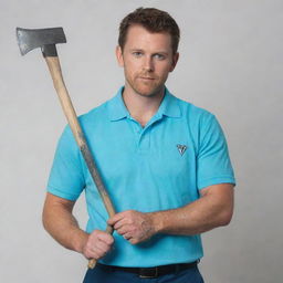 A man with bright white eyes, wearing a cyan shirt, dark blue pants, holding a diamond axe.