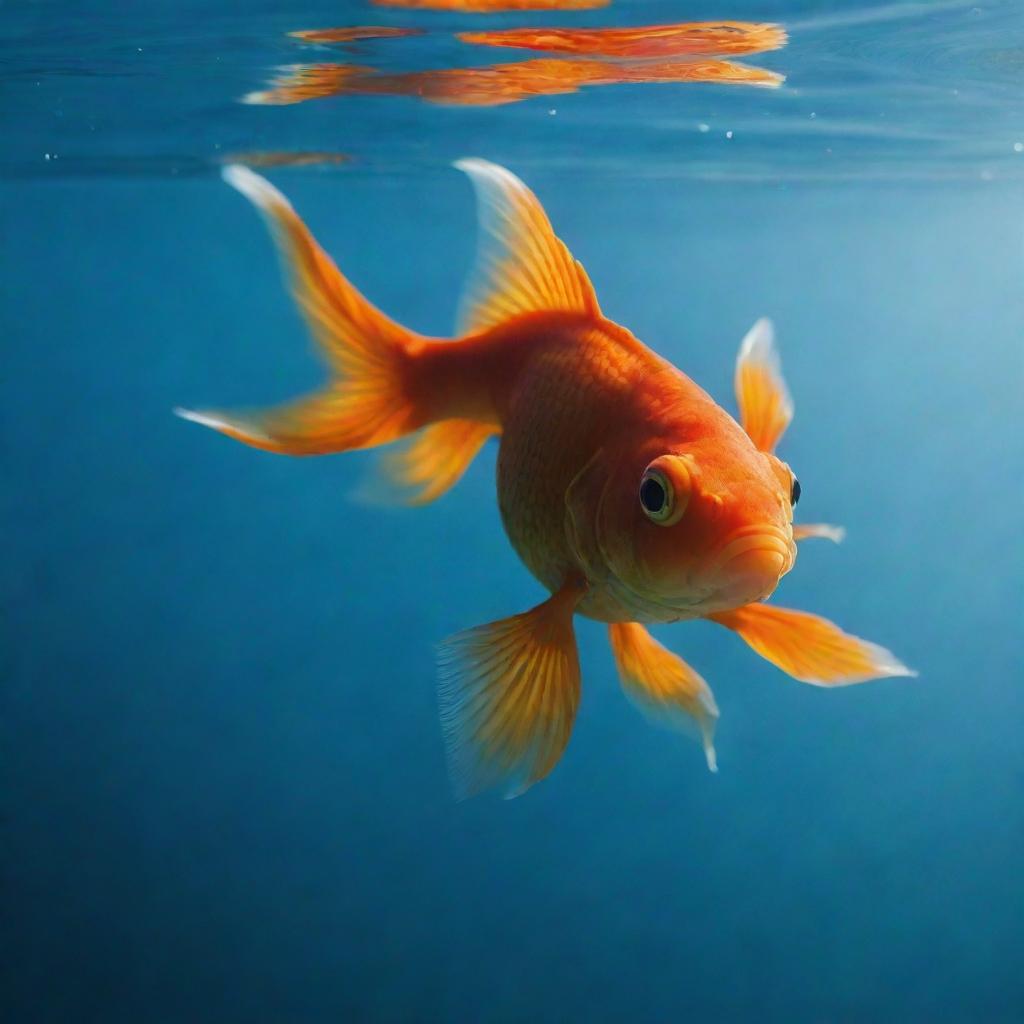 A lone goldfish swimming serenely under soft illuminating light from above, creating a captivating dance of shadows and light underwater.