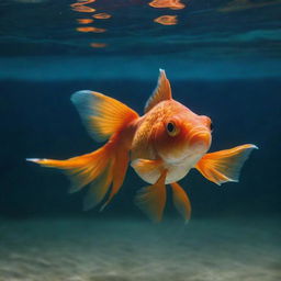 A lone goldfish swimming serenely under soft illuminating light from above, creating a captivating dance of shadows and light underwater.