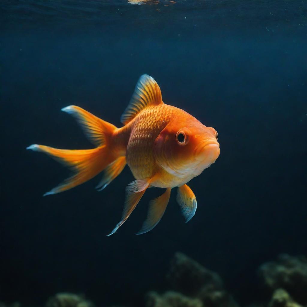 A lone goldfish swimming serenely under soft illuminating light from above, creating a captivating dance of shadows and light underwater.