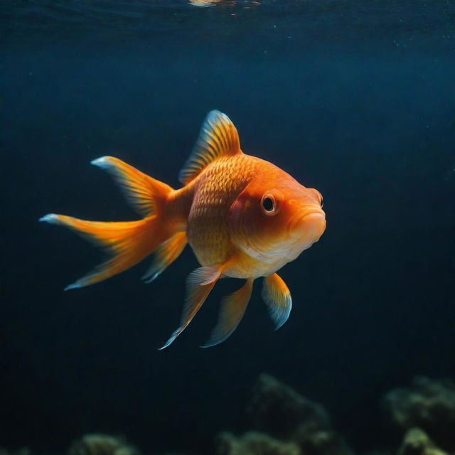 A lone goldfish swimming serenely under soft illuminating light from above, creating a captivating dance of shadows and light underwater.