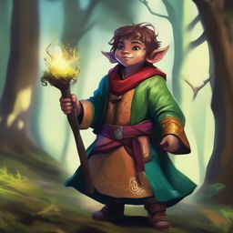 A digital art piece of a halfling trickery cleric, brimming with mischief
