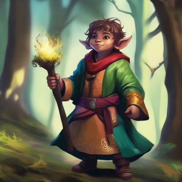 A digital art piece of a halfling trickery cleric, brimming with mischief