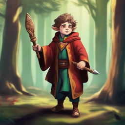A digital art piece of a halfling trickery cleric, brimming with mischief