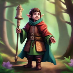 A digital art piece of a halfling trickery cleric, brimming with mischief