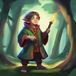 A digital art piece of a halfling trickery cleric, brimming with mischief