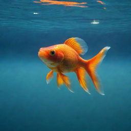 A lone goldfish swimming serenely under soft illuminating light from above, creating a captivating dance of shadows and light underwater.