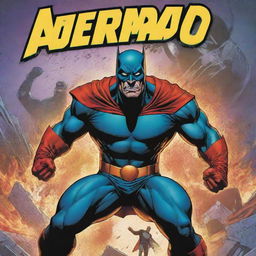 Create a colorful, action-packed comic book cover with a dynamic superhero in the foreground and a looming villain in the background.