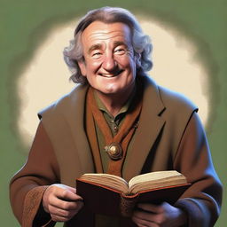 This is an expertly crafted digital art image of a hobbit cleric from the trickery domain, who bears a striking resemblance to a young Robin Williams