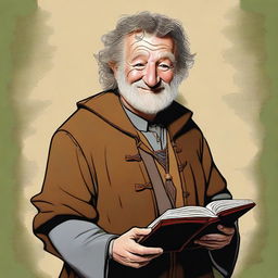 This is an expertly crafted digital art image of a hobbit cleric from the trickery domain, who bears a striking resemblance to a young Robin Williams