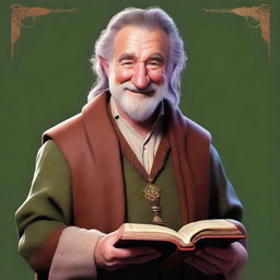 This is an expertly crafted digital art image of a hobbit cleric from the trickery domain, who bears a striking resemblance to a young Robin Williams