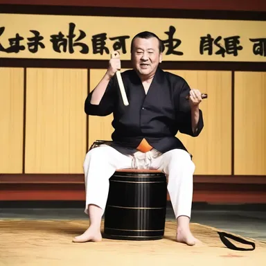 During the comedy show, the comedian made a hilarious remark about attempting to play the samisen upside down, resulting in an amusing sound.