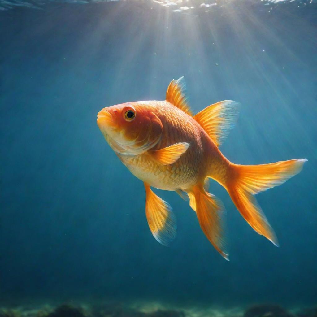 A solitary goldfish swimming underwater with rays of sunlight beaming from above