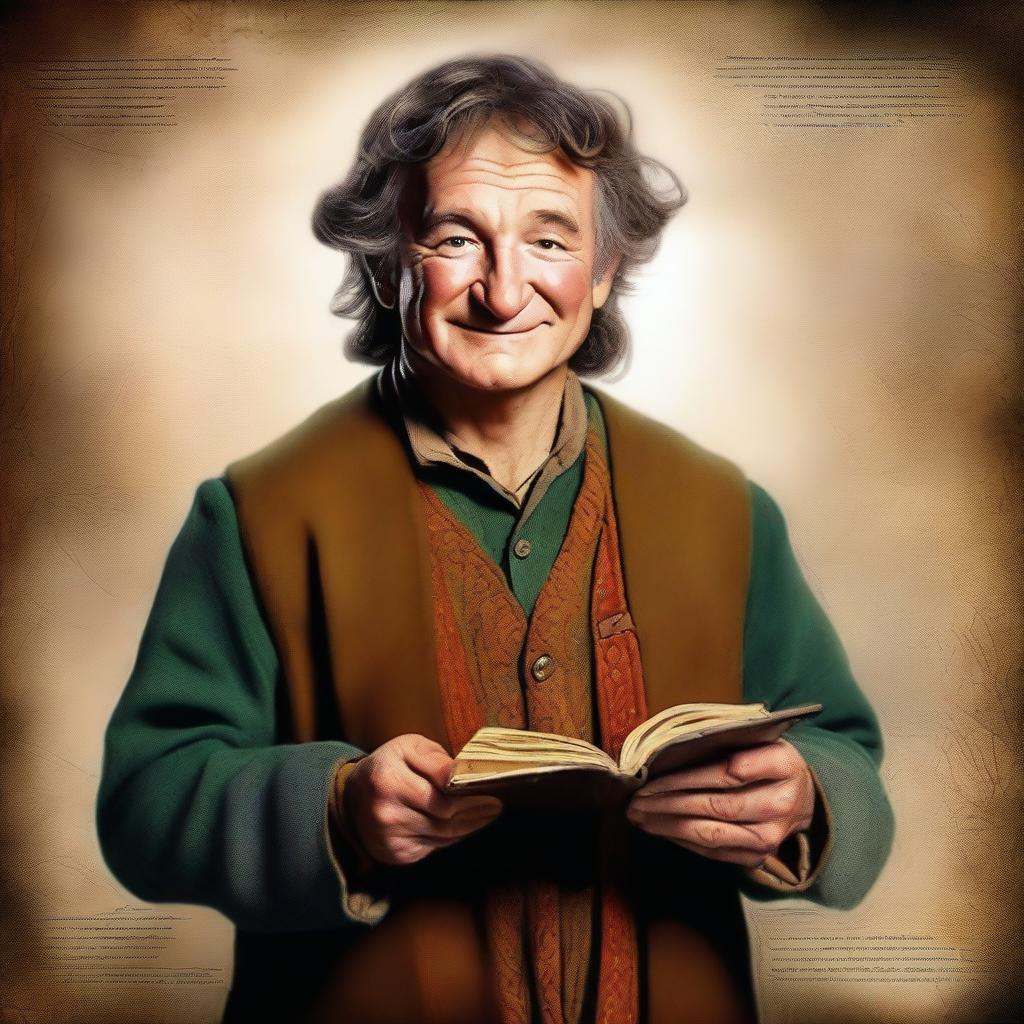 A captivating digital art piece showcasing a young hobbit cleric from the trickery domain, bearing a striking resemblance to Robin Williams