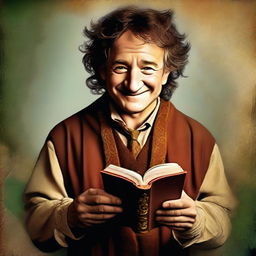 A captivating digital art piece showcasing a young hobbit cleric from the trickery domain, bearing a striking resemblance to Robin Williams