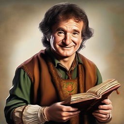 A captivating digital art piece showcasing a young hobbit cleric from the trickery domain, bearing a striking resemblance to Robin Williams