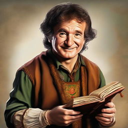 A captivating digital art piece showcasing a young hobbit cleric from the trickery domain, bearing a striking resemblance to Robin Williams