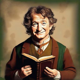 A captivating digital art piece showcasing a young hobbit cleric from the trickery domain, bearing a striking resemblance to Robin Williams