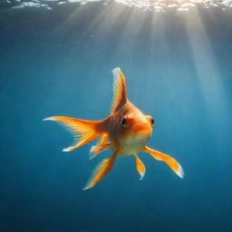 A solitary goldfish swimming underwater with rays of sunlight beaming from above