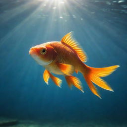 A solitary goldfish swimming underwater with rays of sunlight beaming from above