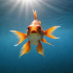 A solitary goldfish swimming underwater with rays of sunlight beaming from above