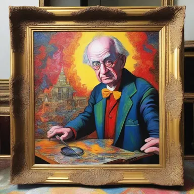 The painting depicts an idiot savant with a remarkable artistic ability, creating intricate and vibrant images.